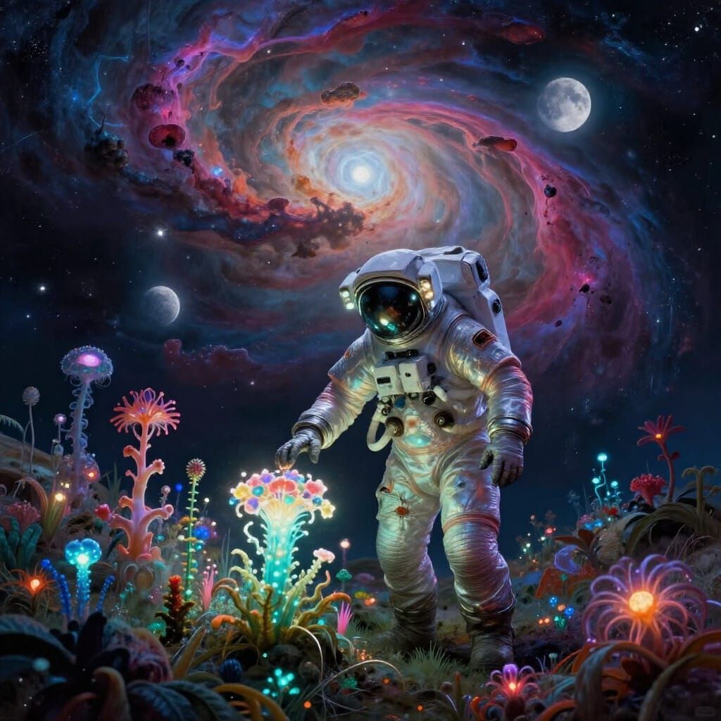 Astronaut Tends Bioluminescent Garden Under Twin Moons