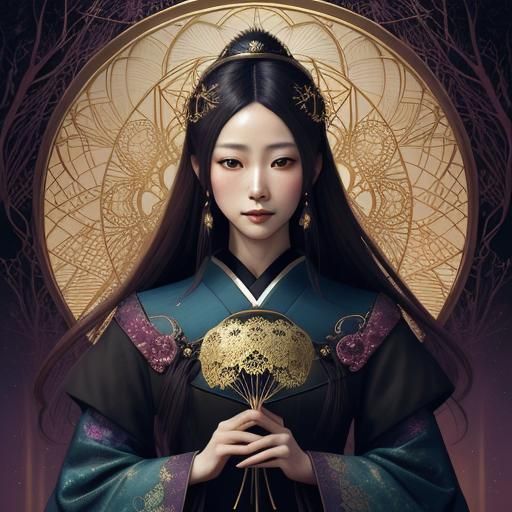 Ornate Japanese Princess in Golden Lace: Fantasy Art