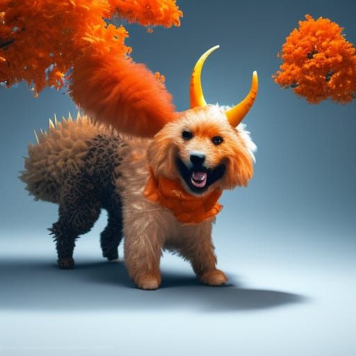 Cute Horned Dog with Pumpkin, Hyperdetailed Concept Art