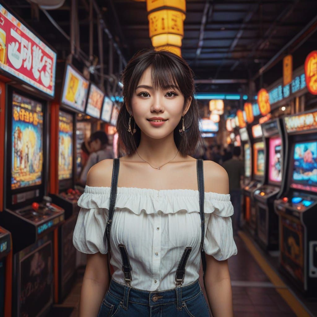Winking Woman Plays Game in Tokyo Arcade