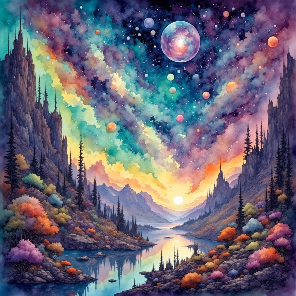 Cosmic Dreamscape in Vibrant Watercolor