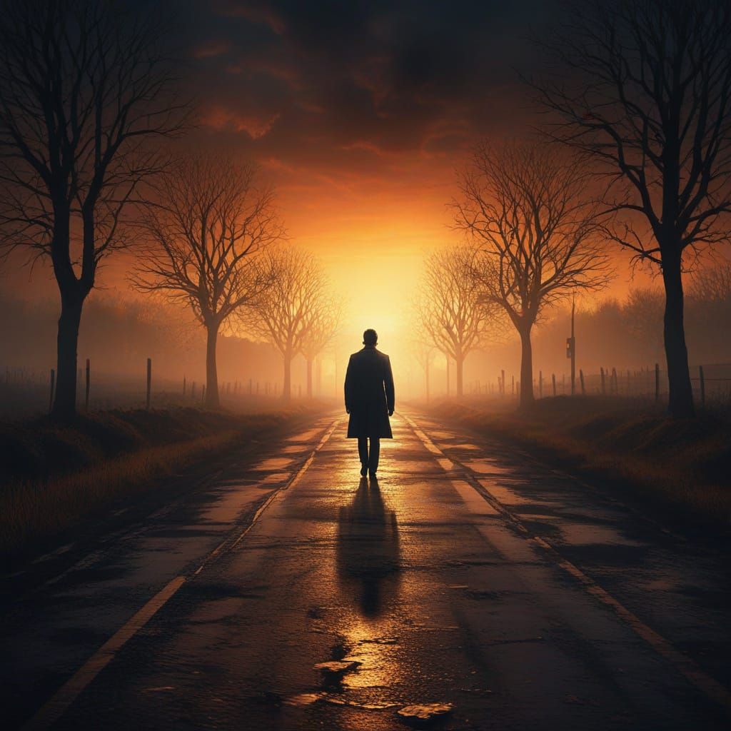 Surreal Figure Walking Down Road in Oil Painting