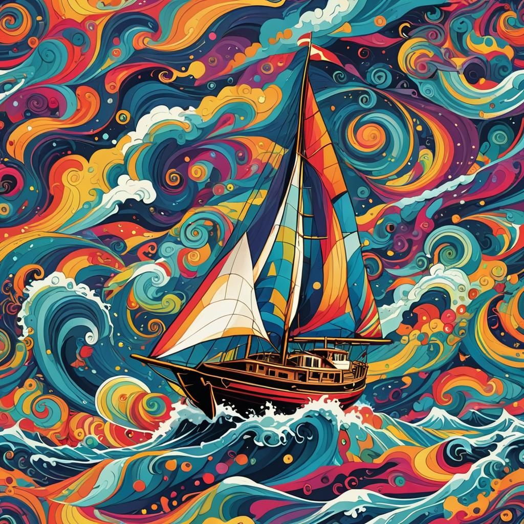 Psychedelic Sailboat on a Swirling Multicolored Sea