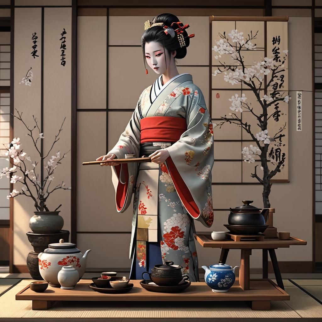 Geisha Tea Ceremony in 3D Anime Style