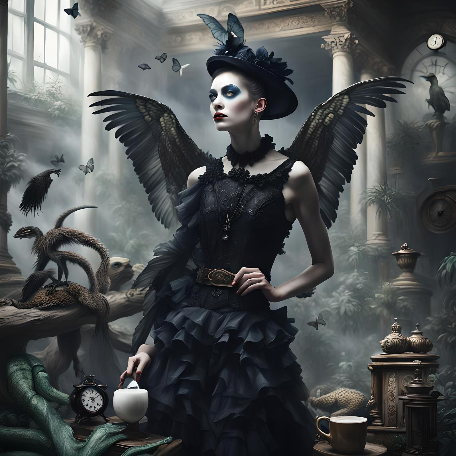 Gothic Coffee Shop with Model, Ostrich and Dodo