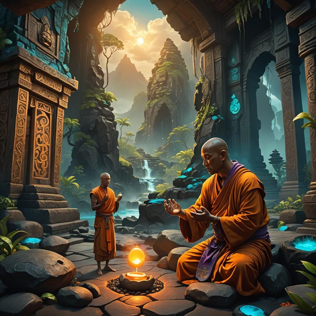 Monk with Healing Pebble in Hawaiian Temple