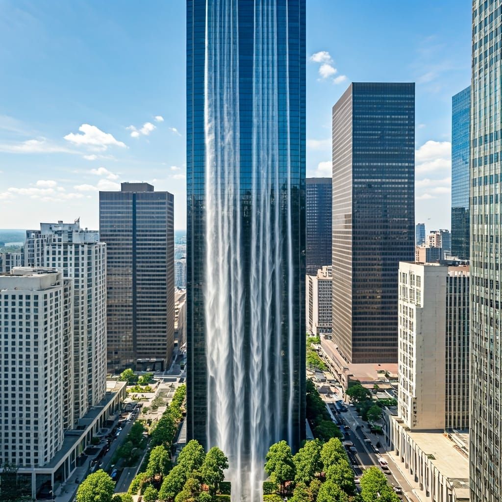 Waterfall Cascading Down City Skyscraper