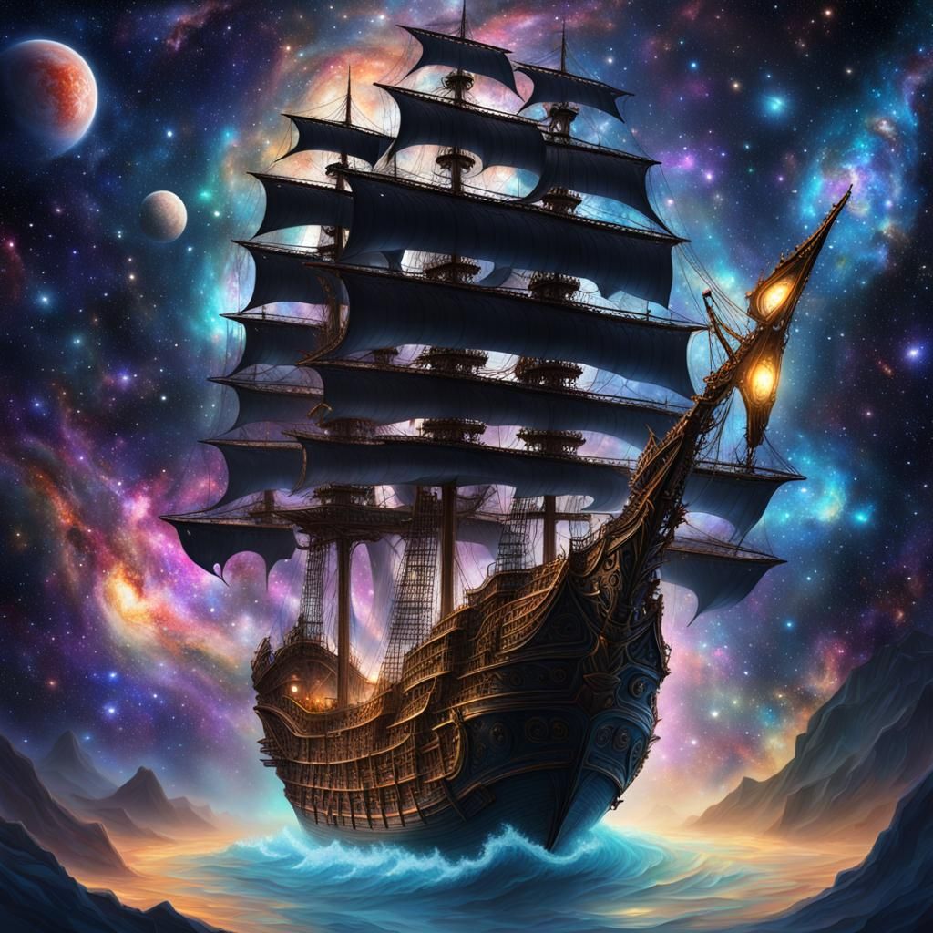 Galactic Pirate Ship Navigating Cosmic Seas