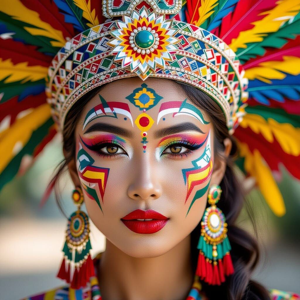 Asian Woman Portrait With Tribal Paint and Thai Headdress