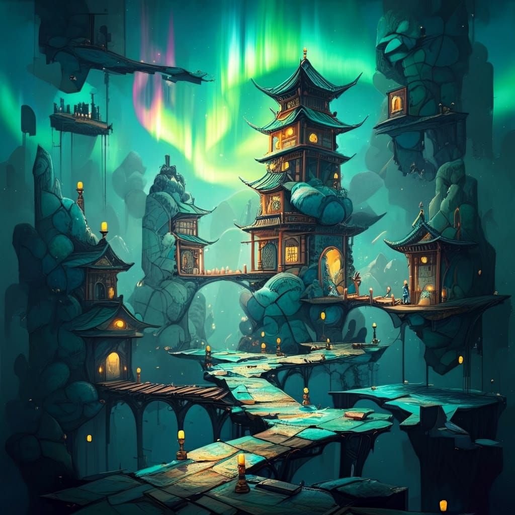 Vibrant Dystopian Fantasy Landscape in Whimsical Cubist Styl...