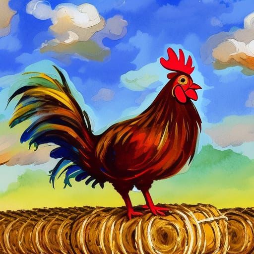 Rooster Crowing in Gouache Watercolor Style
