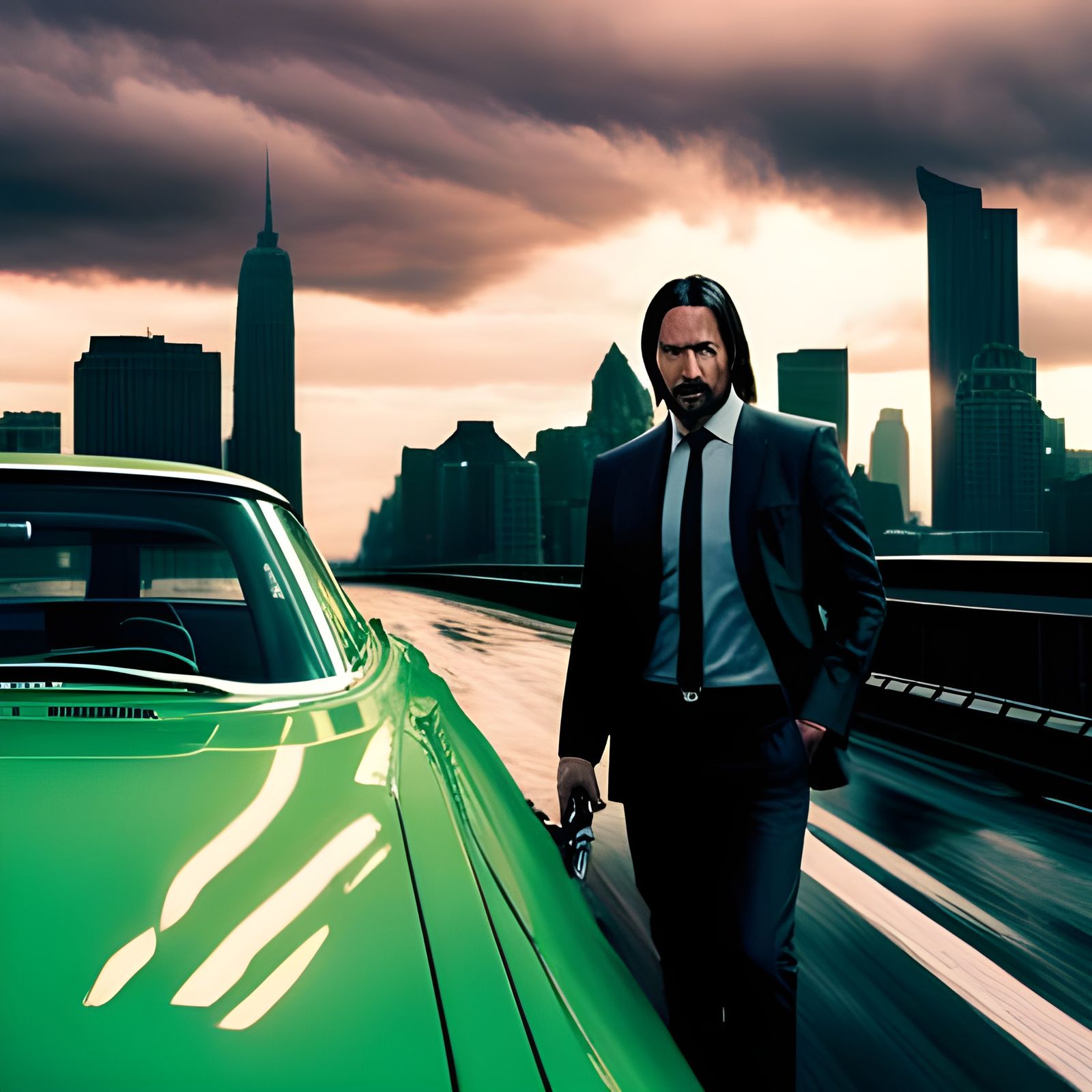 John Wick in Green Mustang, Hyperrealistic Movie Scene