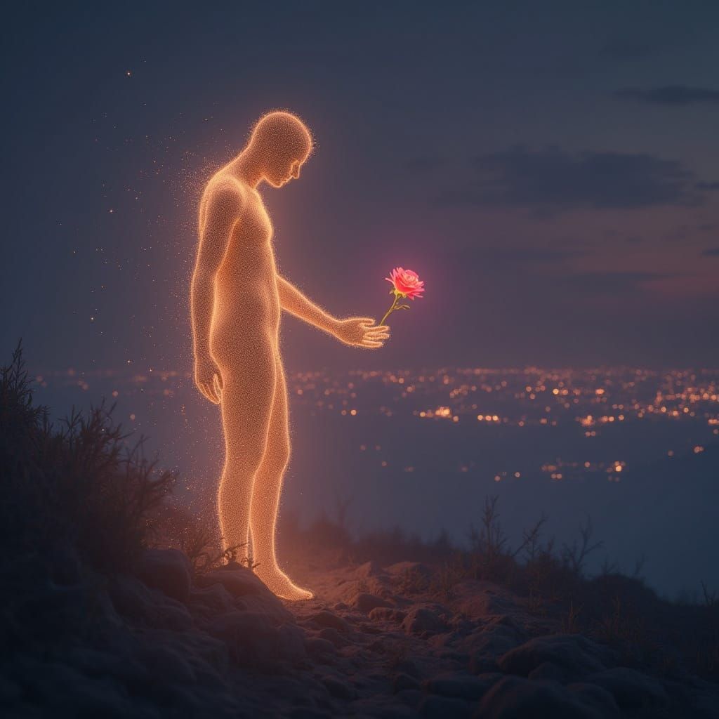 Ethereal Figure Reaches for Rose in Surreal Nightscape