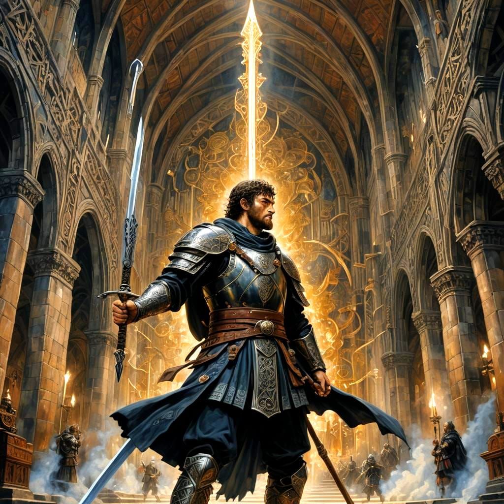 Heroic Veteran Bedwyr Fights with Magical Spear in the Great...