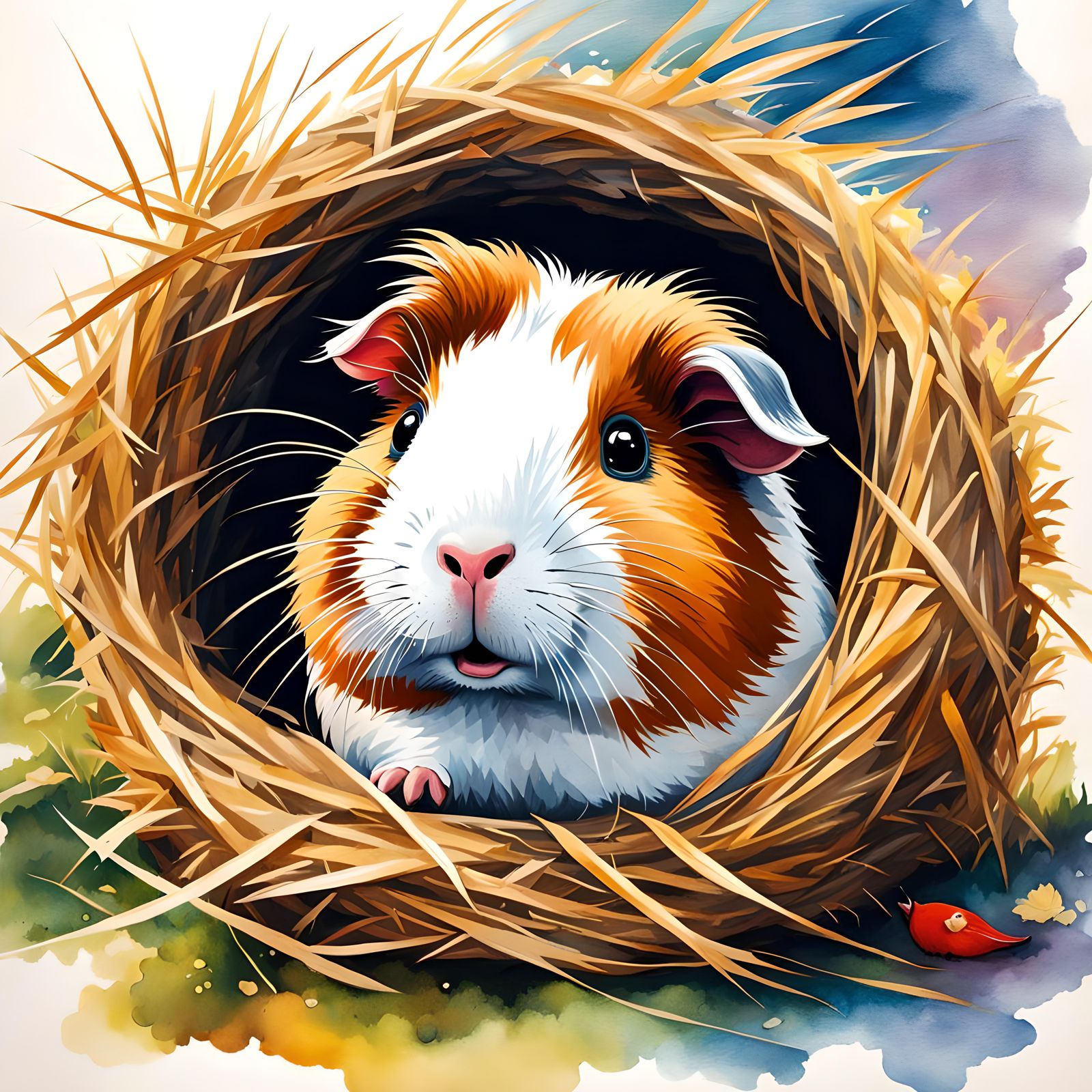 Guinea Pig in Hay: Japanese Watercolor Art