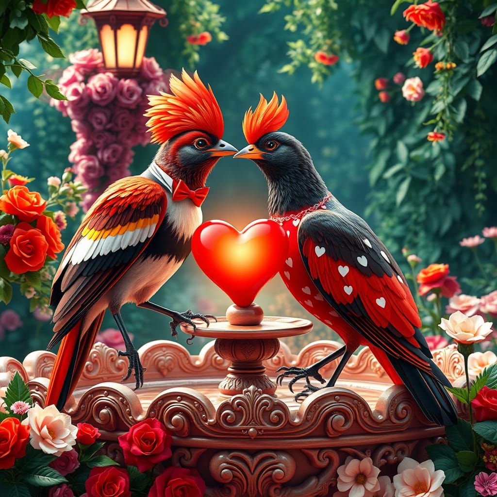 Elegant Birds Share Tender Moment on Valentine's Day Fountai...