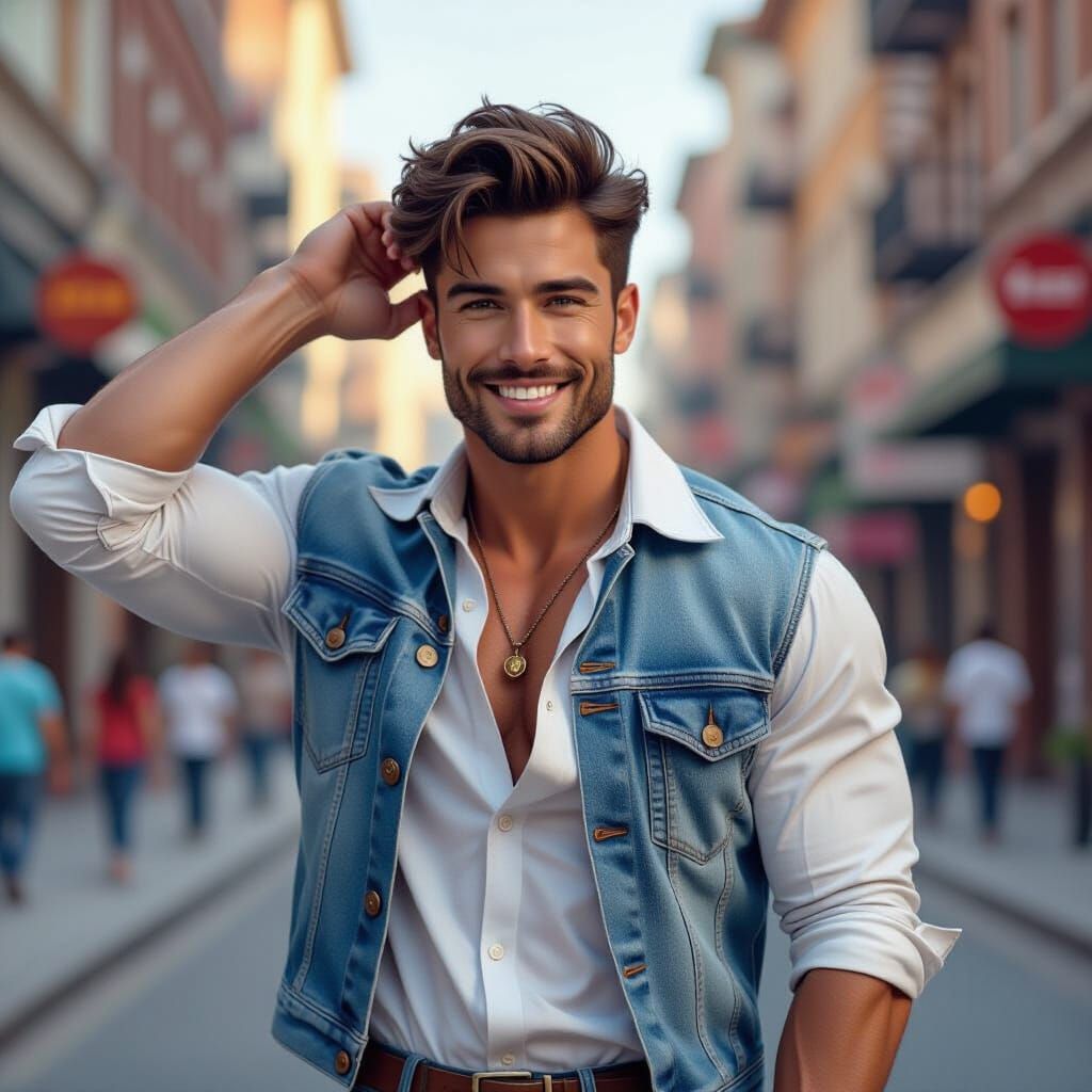 Muscular Man in Denim Outfit in Detailed Illustration Style