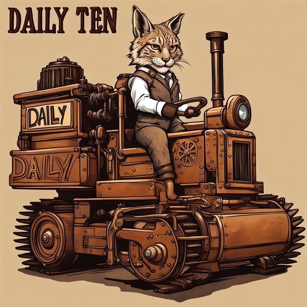 Bobcat with Steampunk Engine Holding Daily Ten Sign