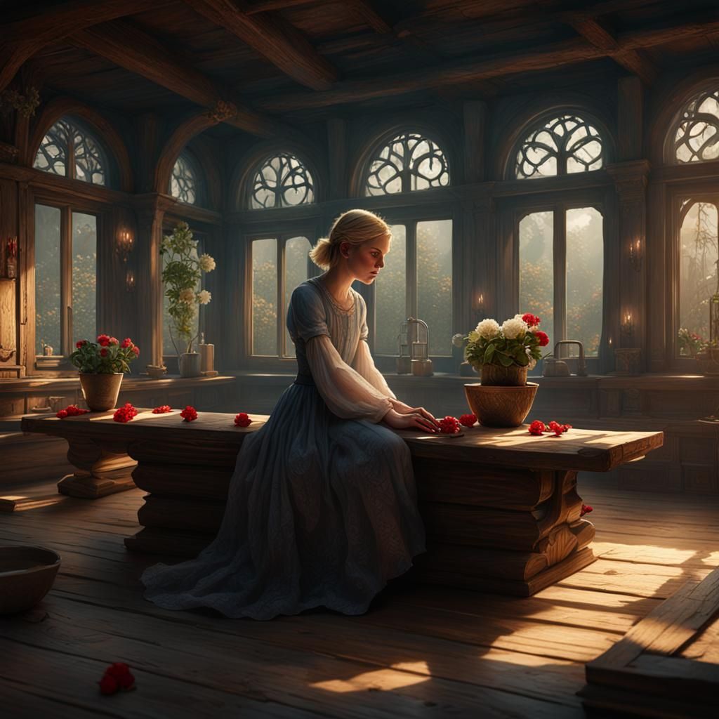 Blonde Woman in Ecru Dress: Dark Fantasy Portrait