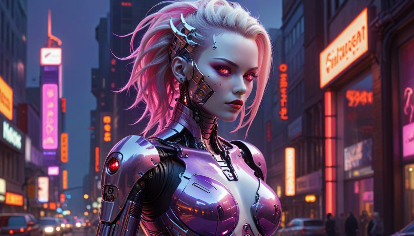 Cyberpunk Gynoid with Glowing Eyes in Neon Cityscape