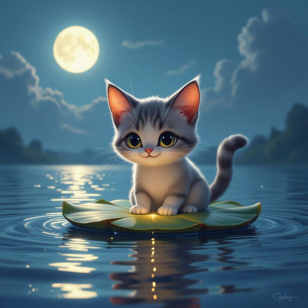 Cat Paddles Glowing Lily Pad Across Surreal Lake