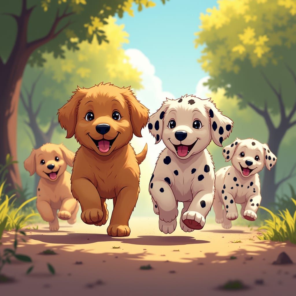 Golden Retriever and Dalmatian Puppies Play in Manga Style