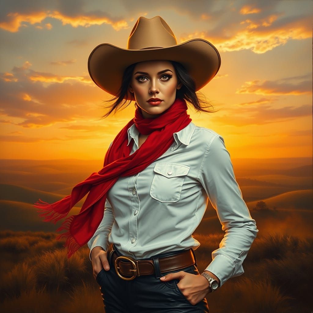 Elegant Cowgirl Oil Painting at Sunset