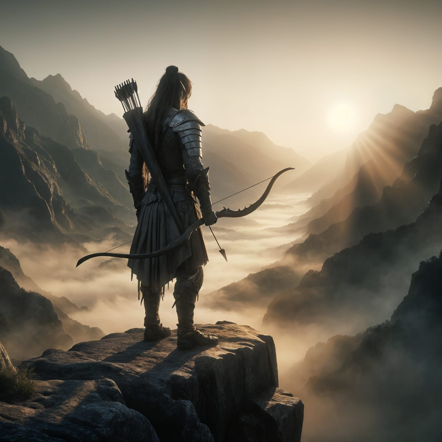 Elven Archer on Cliff at Dawn