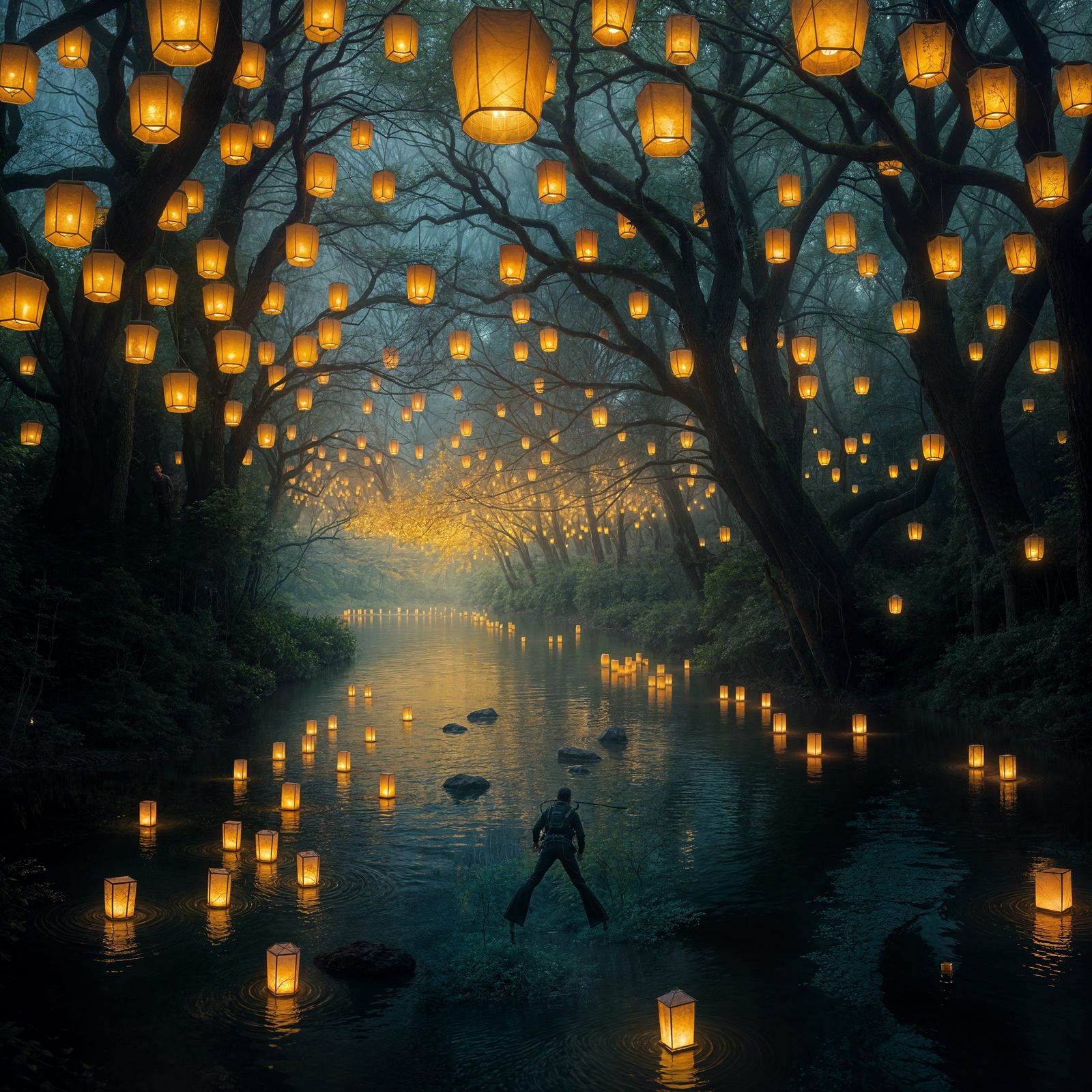 Glowing Lanterns on Mystical River at Twilight