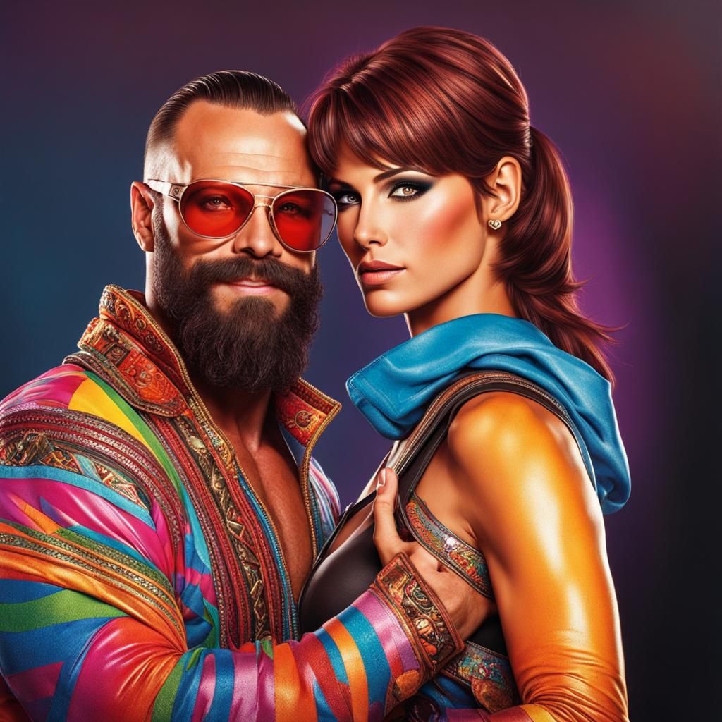 Colorful, Stylized Embrace of Two Iconic Characters