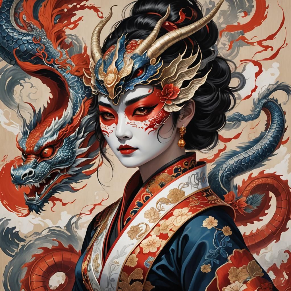 Woman in Dragon Mask: Japanese Oil Painting