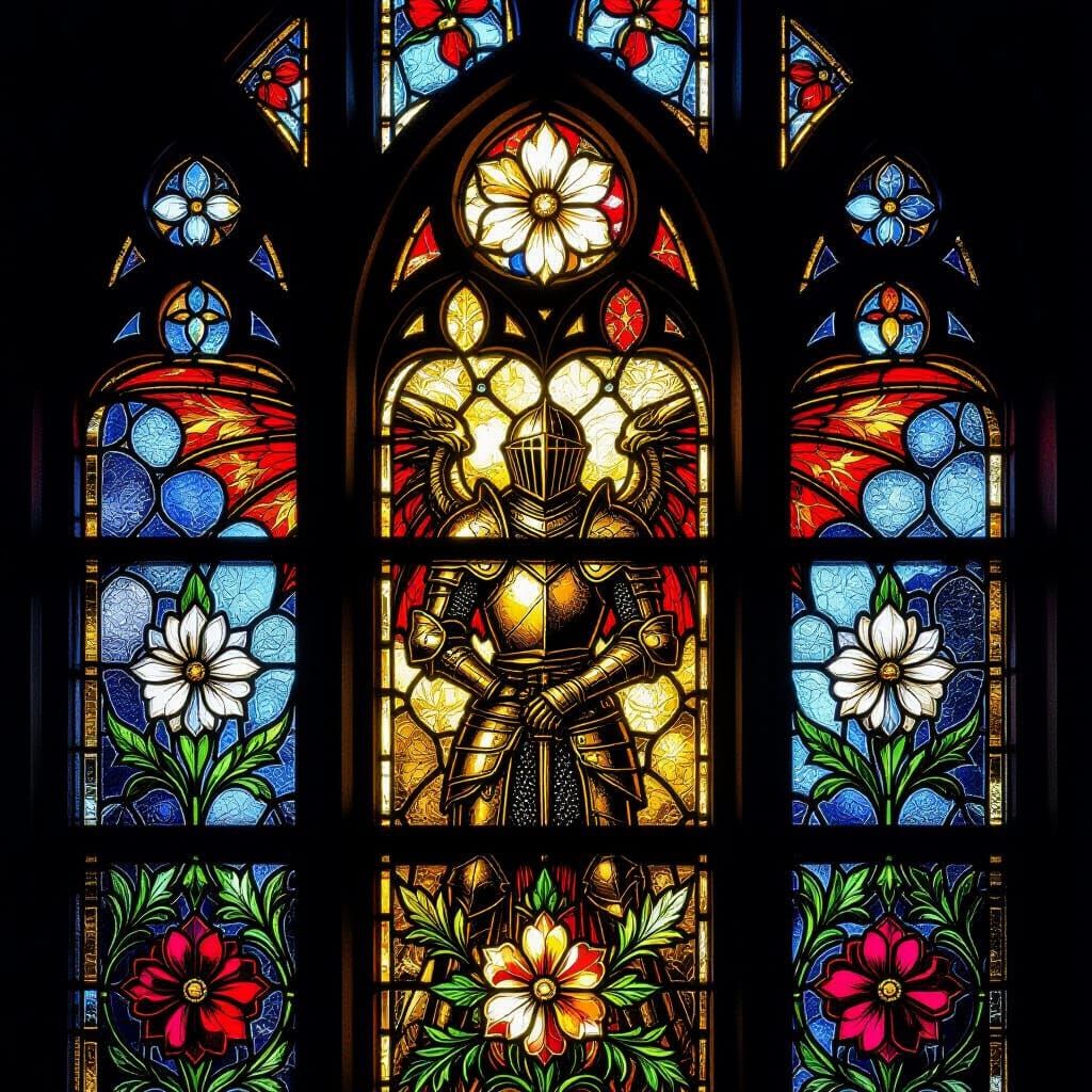 Medieval Stained Glass Window with Dragon Wings