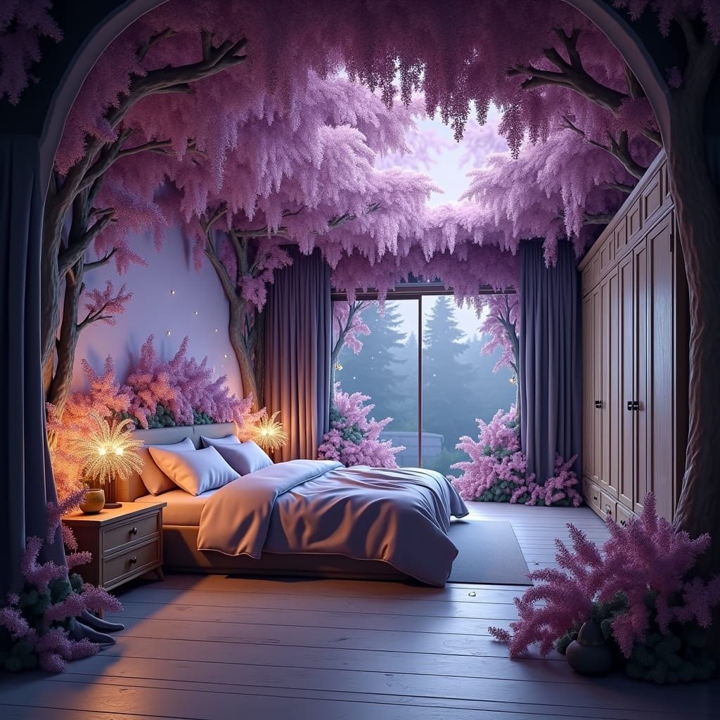 Mystical Woodland Bedroom with Fantasy Mural and Fairy Light...
