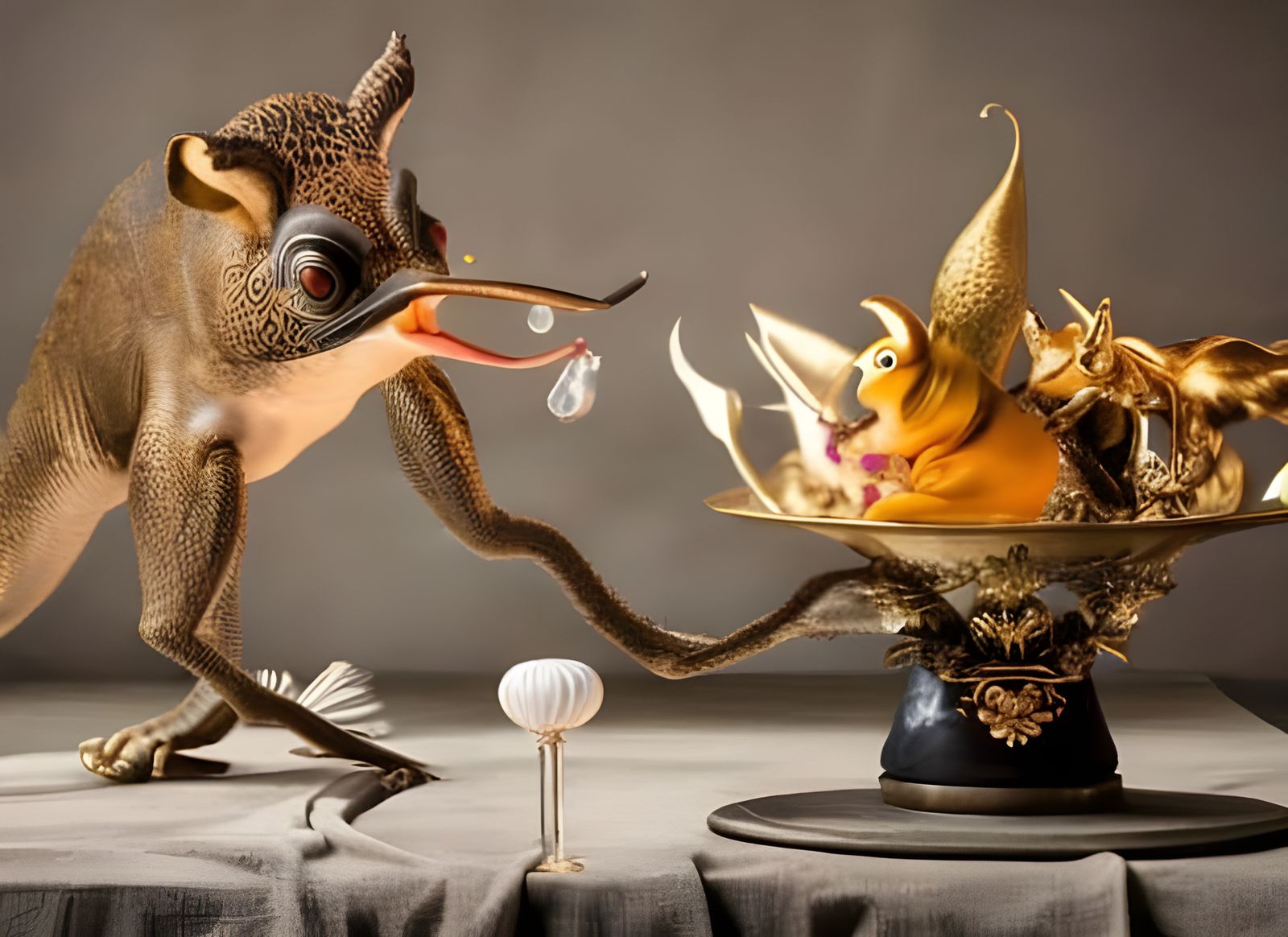 Surreal Restaurant with Bizarre Creatures, Gritty Lighting