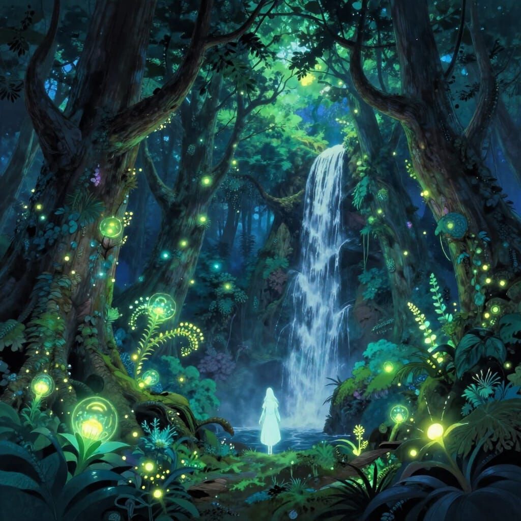 Ethereal Spirit in Glowing Forest by Waterfall