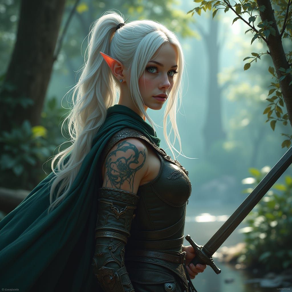 Elven Knight in Mystical Forest, in Dark Fantasy Style