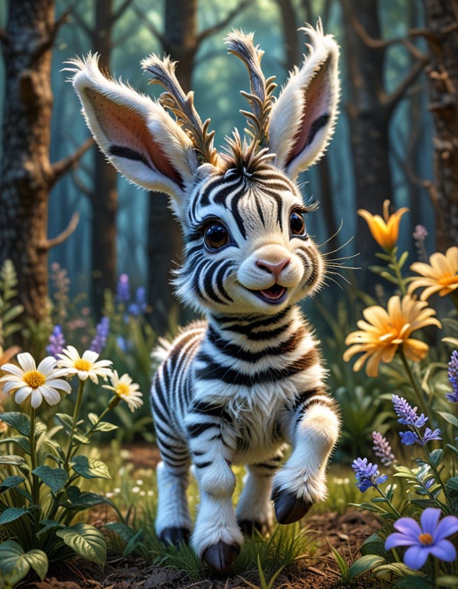 Cute Zebra-Jackalope and Duck in Flower Power Style