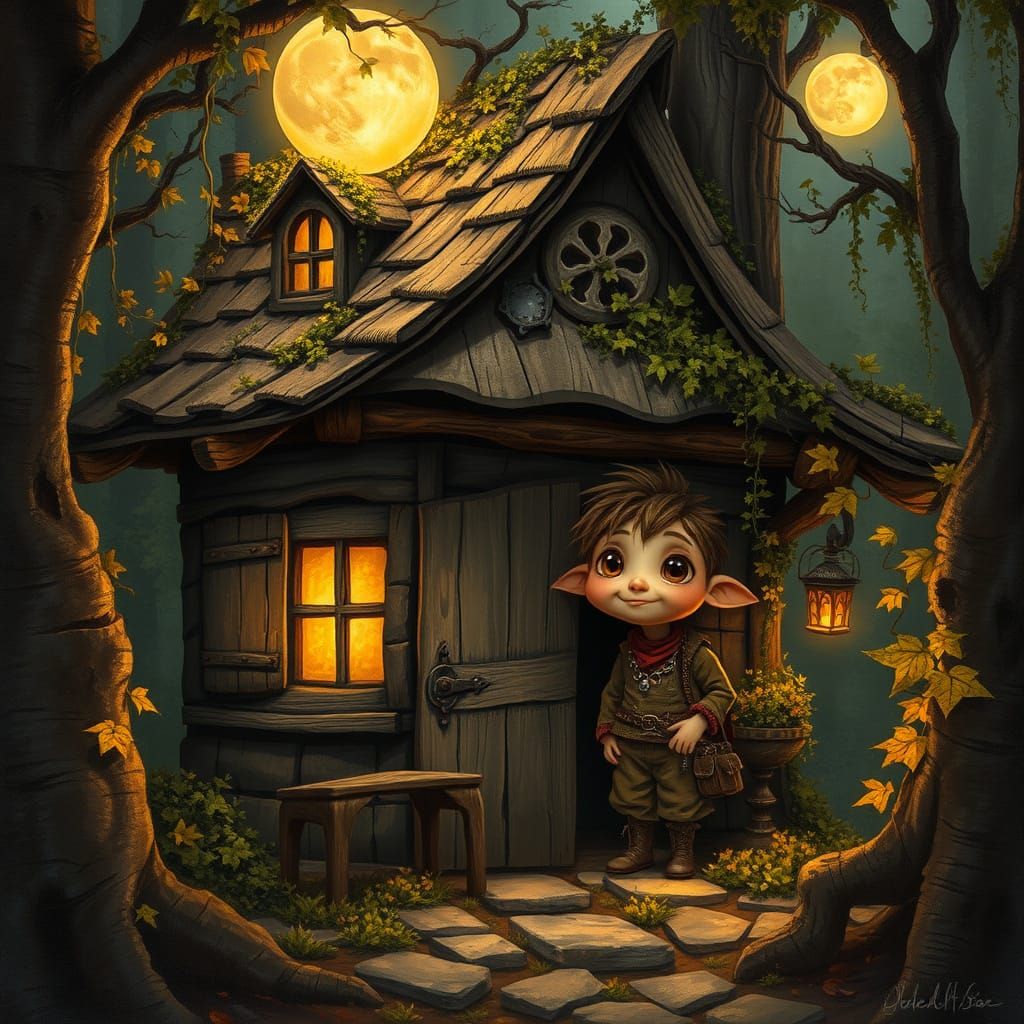 Whimsical Cottage in a Mystical Moonlit Forest