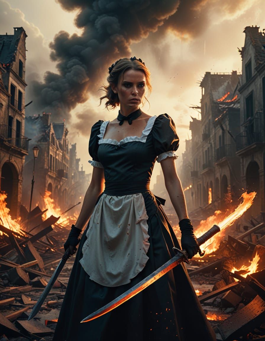 French Maid with Flaming Sword in Destroyed City