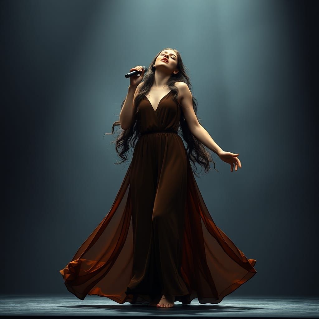 Ethereal Woman Singing Onstage in Mystical Light