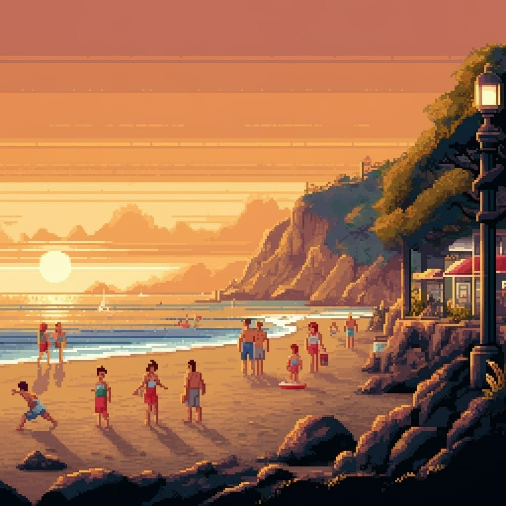 Serene Beach at Sunset in 8-Bit Pixel Art