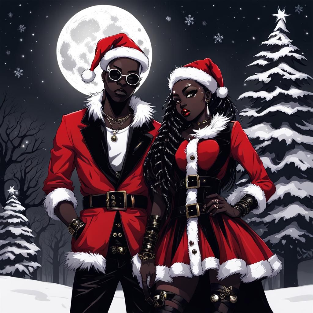 Anime Punk Goth Couple in Santa Suits