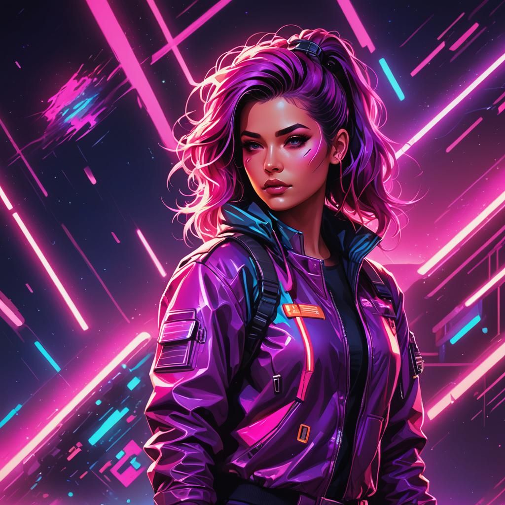 Synthwave Girl in Space with Neon Retro Jacket