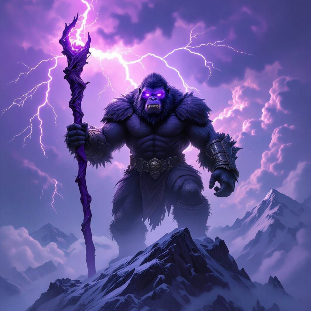 Armored Ape Wields Purple Staff in Lightning Storm
