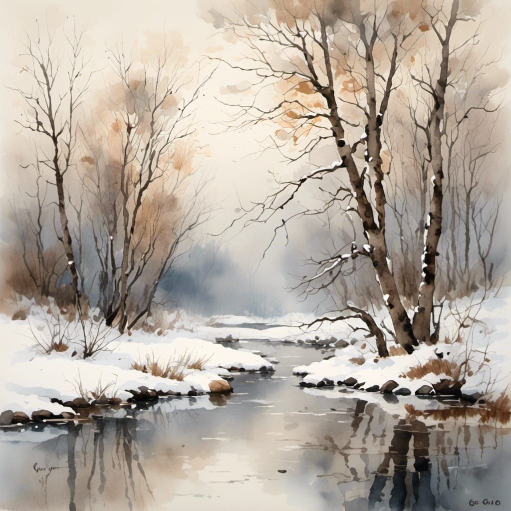 Snowy Birch Branches in Antique Watercolor Style