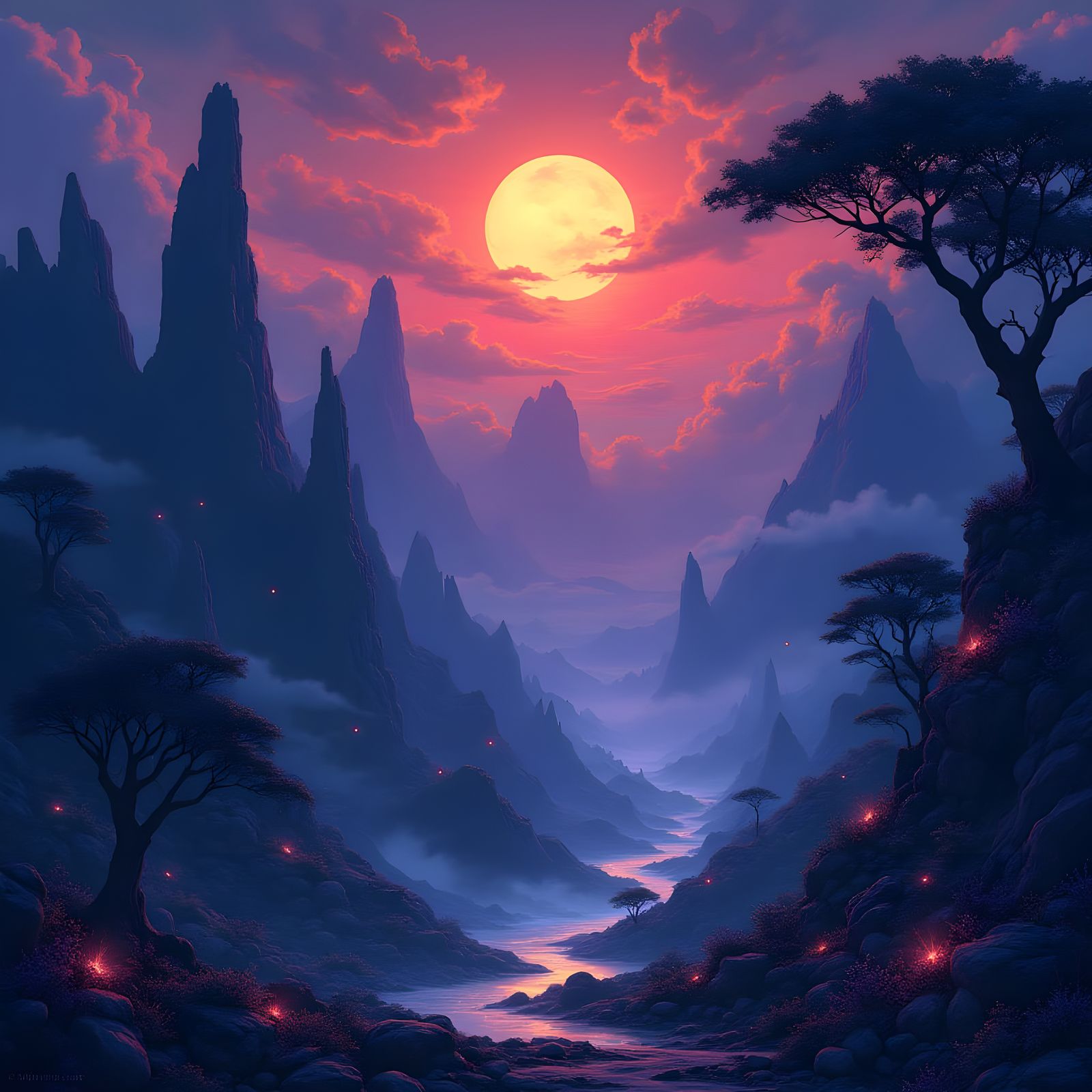 Surreal Anime Landscape with Glowing Trees and Ancient Ruins