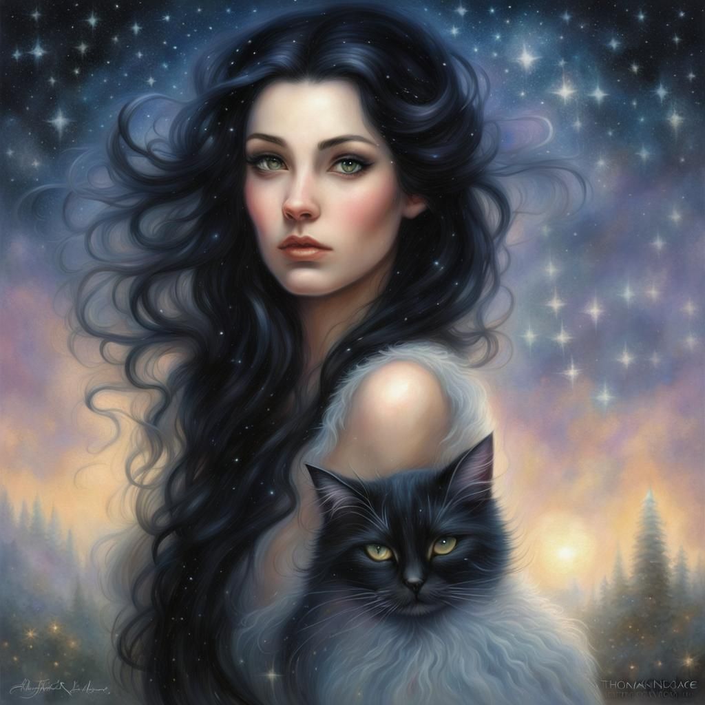 Ethereal Cat-like Woman in Fantasy Landscape