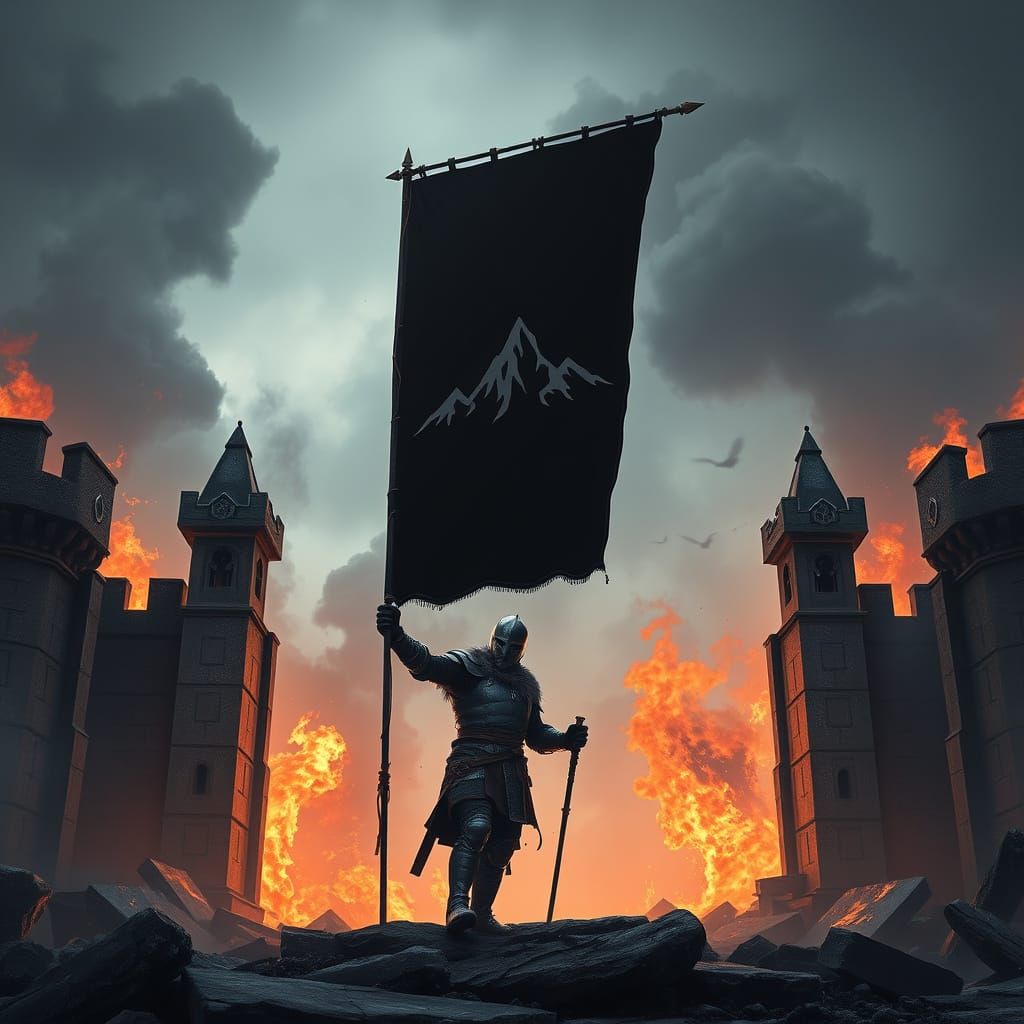 Medieval Soldier Holds Majestic Banner Above Ruined City Gat...