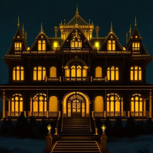 Spooky Golden Mansion Lit by Full Moon, Mucha Style