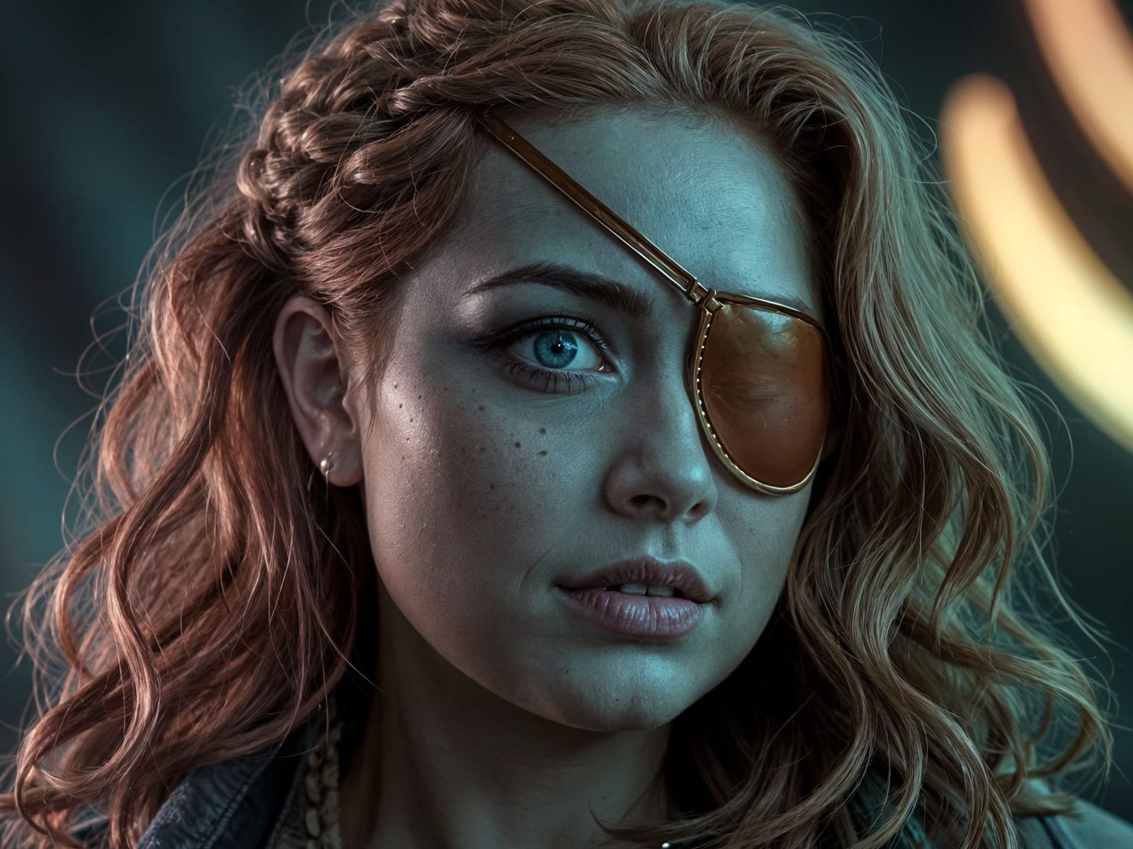 Red-Haired Woman with Eyepatch in Painterly Lighting